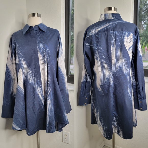 DONNA KARAN Navy Brushstroke Print Tunic L. - Picture 1 of 11